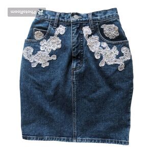 VINTAGE Guess High Waisted Short Denim Skirt (27) 90's Beaded & Lace Accents